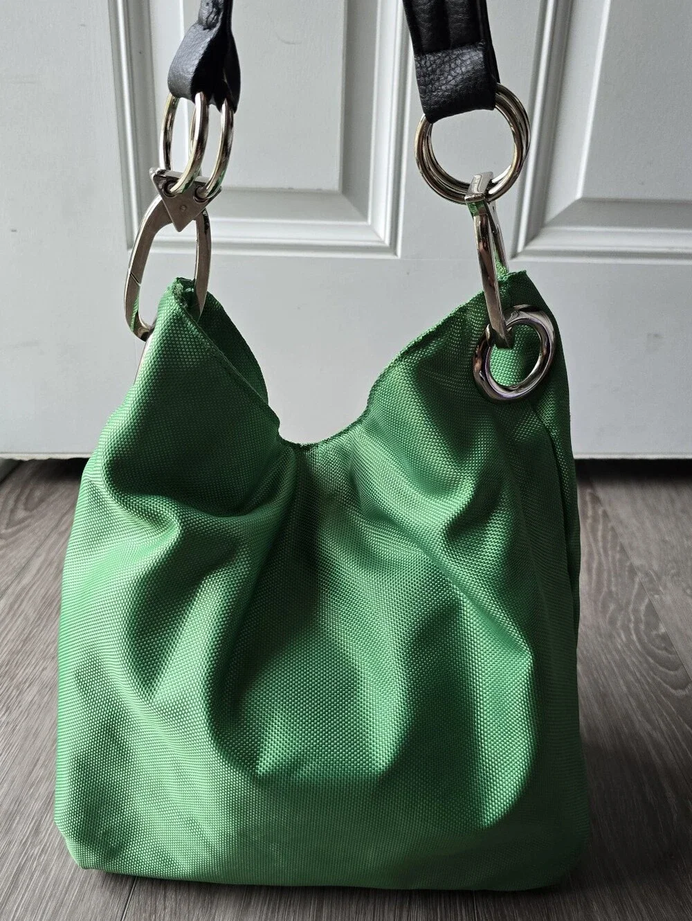 Braciano Green Nylon Hobo Shoulder Bag Y2K Silver O-Ring Zebra Print Lining